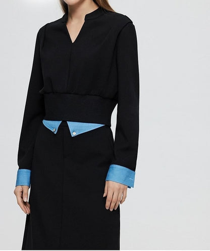 Two-Tone T-Shirt & Pencil Skirt Set - V-Neck, High Rise