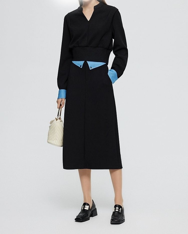 Two-Tone T-Shirt & Pencil Skirt Set - V-Neck, High Rise