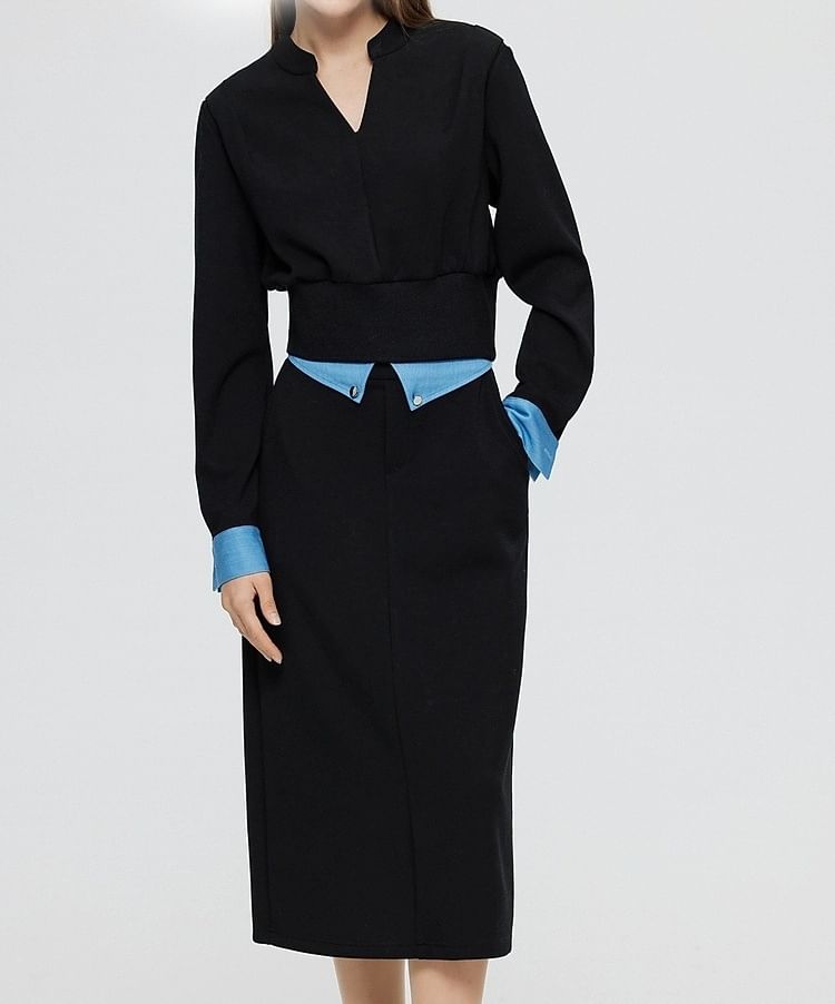 Two-Tone T-Shirt & Pencil Skirt Set - V-Neck, High Rise