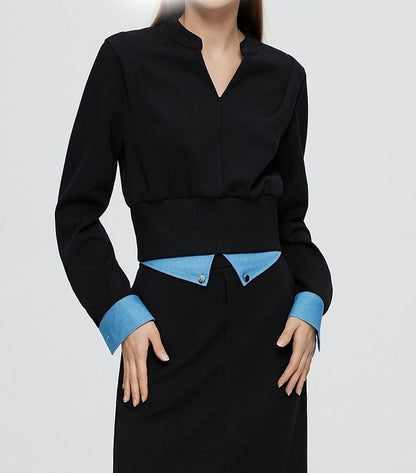 Two-Tone T-Shirt & Pencil Skirt Set - V-Neck, High Rise