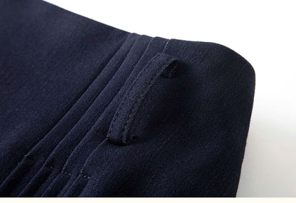 Denim Blazer & Pleated Skirt Set - Double-Breasted, High Waist