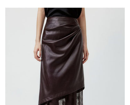 Lace Panel Faux Leather Midi Pencil Skirt