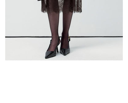 Lace Panel Faux Leather Midi Pencil Skirt