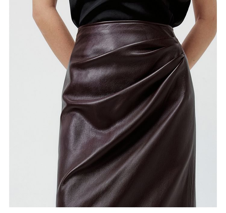 Lace Panel Faux Leather Midi Pencil Skirt