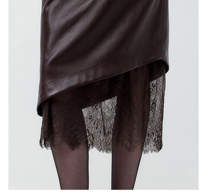 Lace Panel Faux Leather Midi Pencil Skirt
