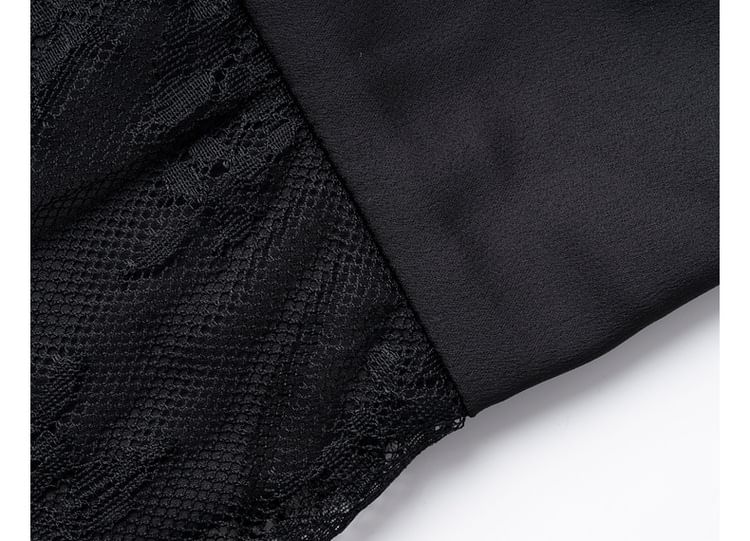Lace Panel Faux Leather Midi Pencil Skirt