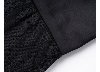 Lace Panel Faux Leather Midi Pencil Skirt