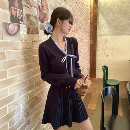 V-Neck Ruffle Trim Cardigan & High Waist Mini Pleated Skirt