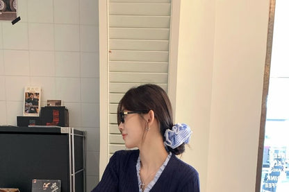V-Neck Ruffle Trim Cardigan & High Waist Mini Pleated Skirt
