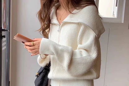 Sailor Collar Zip-Up Plain Cardigan
