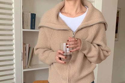 Sailor Collar Zip-Up Plain Cardigan