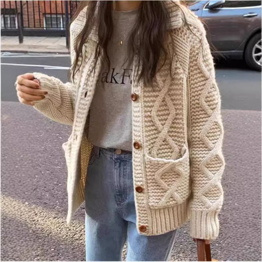 Collared Button-Up Plain Chunky Knit Cardigan
