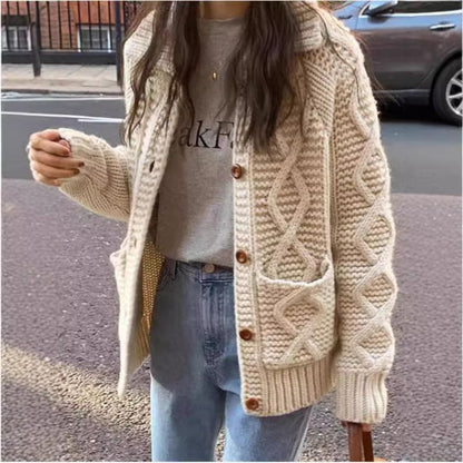 Collared Button-Up Plain Chunky Knit Cardigan