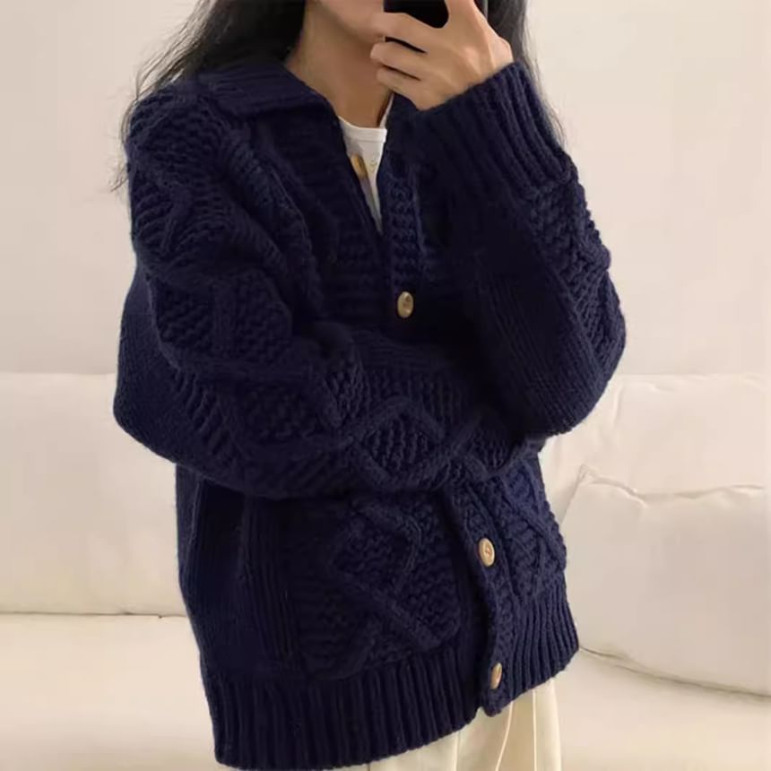 Collared Button-Up Plain Chunky Knit Cardigan