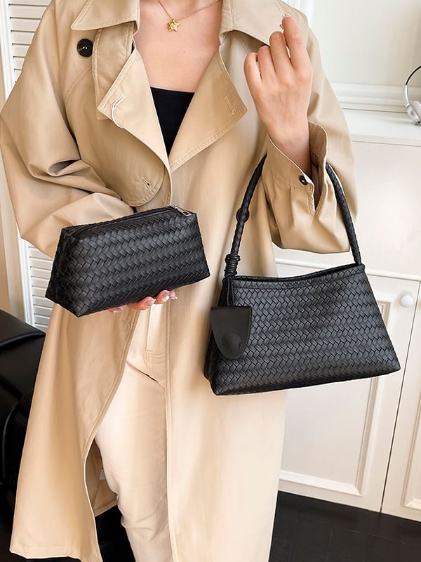 Set: Plain Woven Faux Leather Shoulder Bag + Pouch