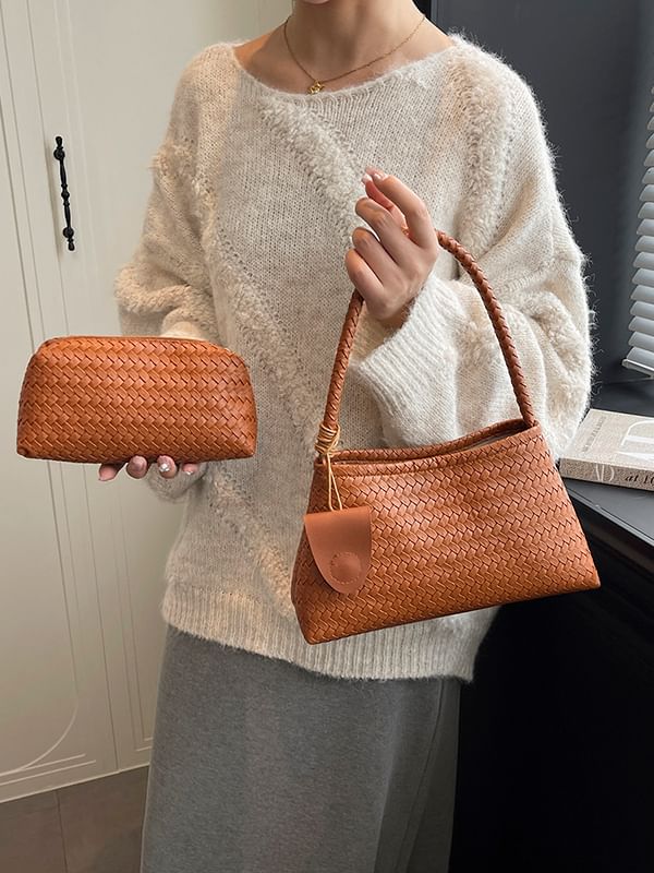 Set: Plain Woven Faux Leather Shoulder Bag + Pouch