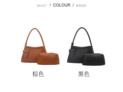 Set: Plain Woven Faux Leather Shoulder Bag + Pouch