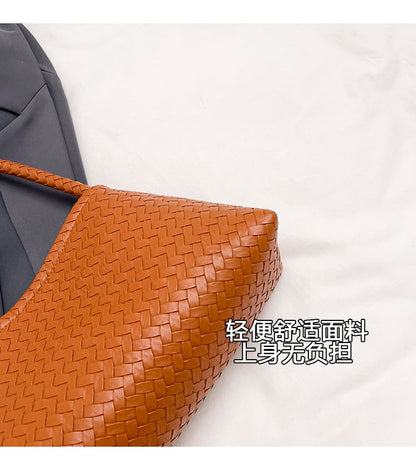 Set: Plain Woven Faux Leather Shoulder Bag + Pouch