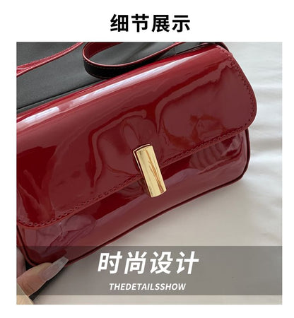 Plain Patent Leather Flap Shoulder Bag