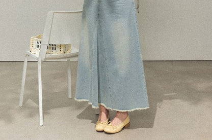 Long-Sleeve Cold-Shoulder Plain Lace Trim Blouse / High Rise Fringed Washed Denim Midi A-Line Skirt