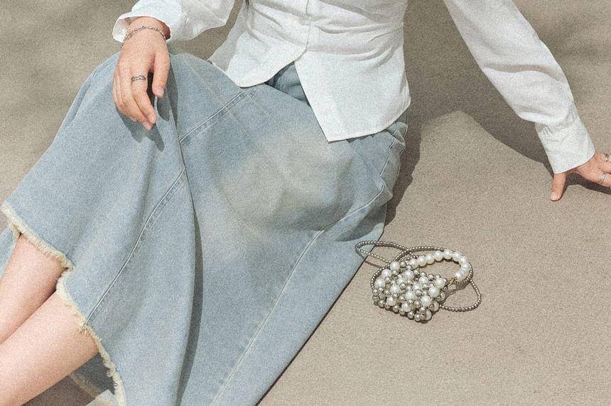 Long-Sleeve Cold-Shoulder Plain Lace Trim Blouse / High Rise Fringed Washed Denim Midi A-Line Skirt