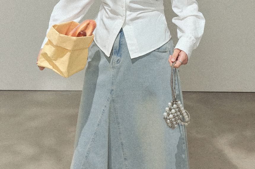 Long-Sleeve Cold-Shoulder Plain Lace Trim Blouse / High Rise Fringed Washed Denim Midi A-Line Skirt