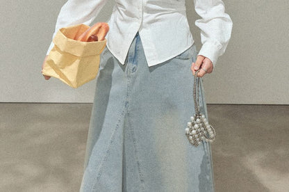 Long-Sleeve Cold-Shoulder Plain Lace Trim Blouse / High Rise Fringed Washed Denim Midi A-Line Skirt