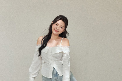 Long-Sleeve Cold-Shoulder Plain Lace Trim Blouse / High Rise Fringed Washed Denim Midi A-Line Skirt