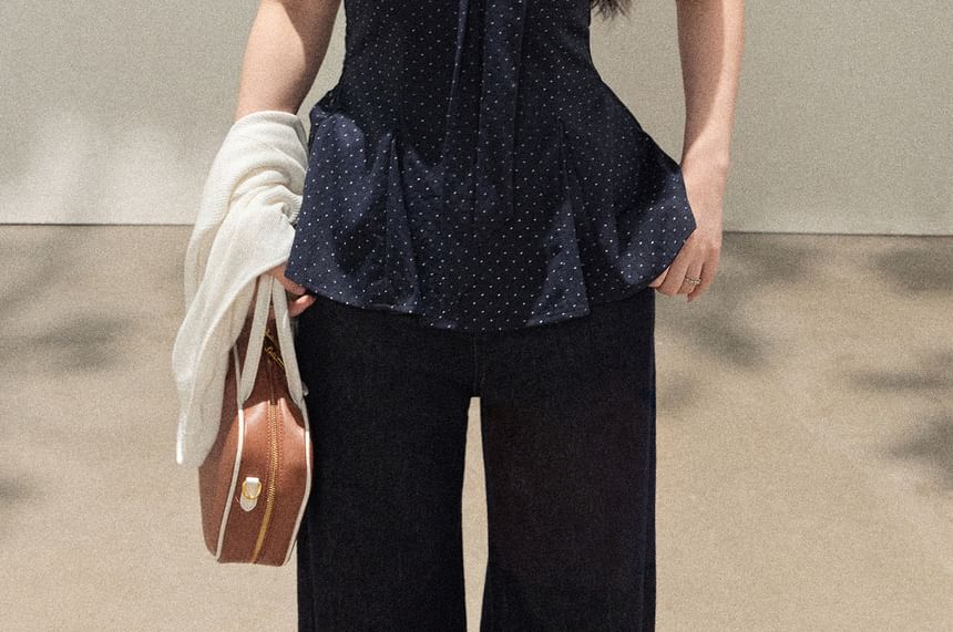 Dotted Peplum Tube Top / Plain Tie Front Cardigan / High Waist Wide Leg Jeans