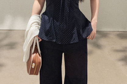 Dotted Peplum Tube Top / Plain Tie Front Cardigan / High Waist Wide Leg Jeans
