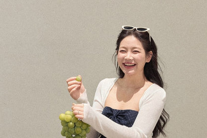 Dotted Peplum Tube Top / Plain Tie Front Cardigan / High Waist Wide Leg Jeans