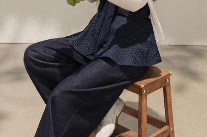 Dotted Peplum Tube Top / Plain Tie Front Cardigan / High Waist Wide Leg Jeans