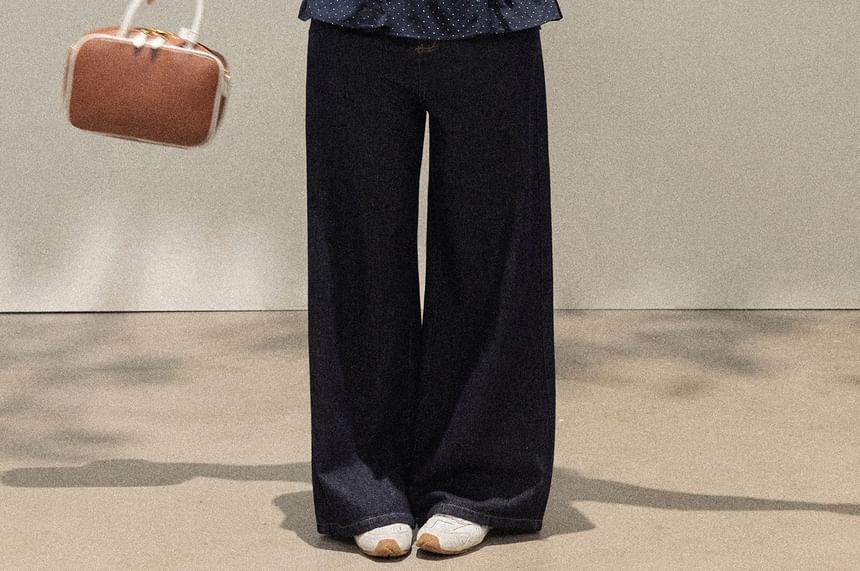 Dotted Peplum Tube Top / Plain Tie Front Cardigan / High Waist Wide Leg Jeans