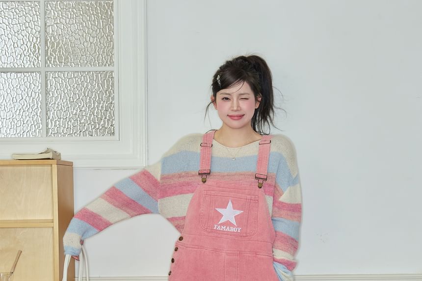 Star Embroidered Loose Fit Overalls / Midi A-Line Overall Dress /  Long-Sleeve Boat Neck T-Shirt / Crew Neck Color Block Sweater