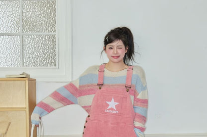 Star Embroidered Loose Fit Overalls / Midi A-Line Overall Dress /  Long-Sleeve Boat Neck T-Shirt / Crew Neck Color Block Sweater