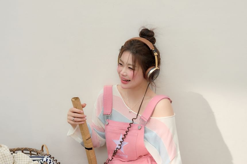 Star Embroidered Loose Fit Overalls / Midi A-Line Overall Dress /  Long-Sleeve Boat Neck T-Shirt / Crew Neck Color Block Sweater