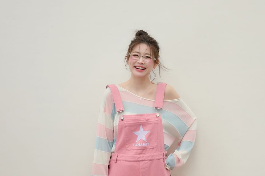 Star Embroidered Loose Fit Overalls / Midi A-Line Overall Dress /  Long-Sleeve Boat Neck T-Shirt / Crew Neck Color Block Sweater