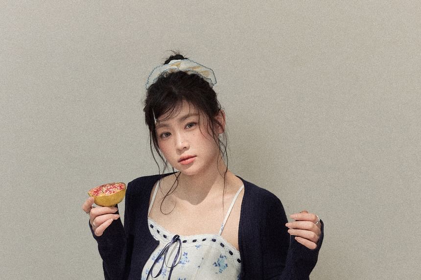 Plus Size Spaghetti Strap Floral Mini A-Line Dress /  Plain Cardigan