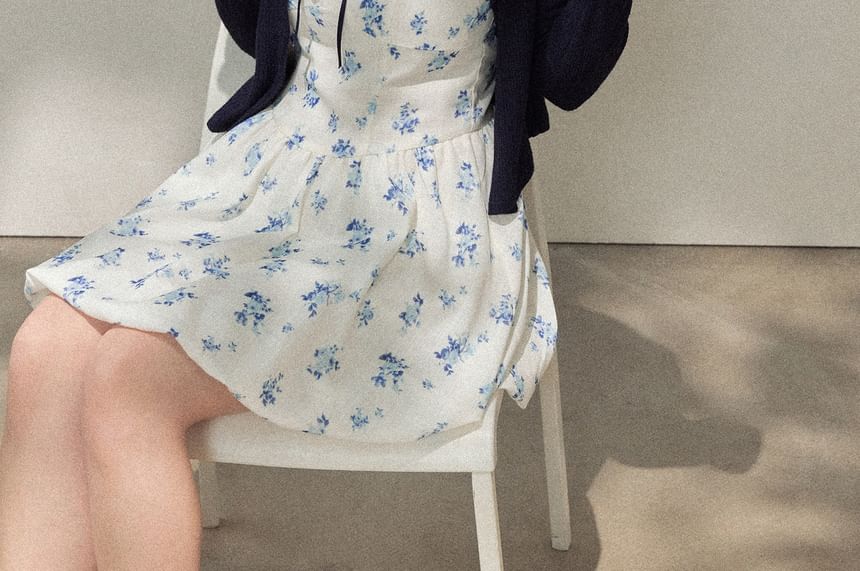 Plus Size Spaghetti Strap Floral Mini A-Line Dress /  Plain Cardigan