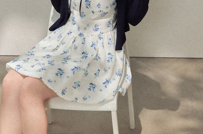 Plus Size Spaghetti Strap Floral Mini A-Line Dress /  Plain Cardigan