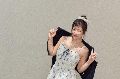 Plus Size Spaghetti Strap Floral Mini A-Line Dress /  Plain Cardigan