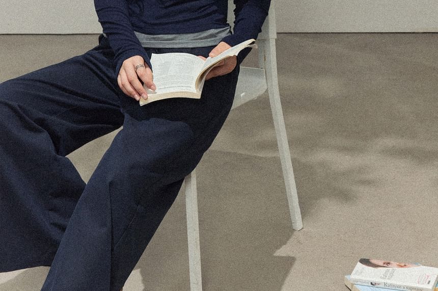 Plus Size Long-Sleeve Mock Two Piece Tee / High Rise Plain Wide Leg Pants