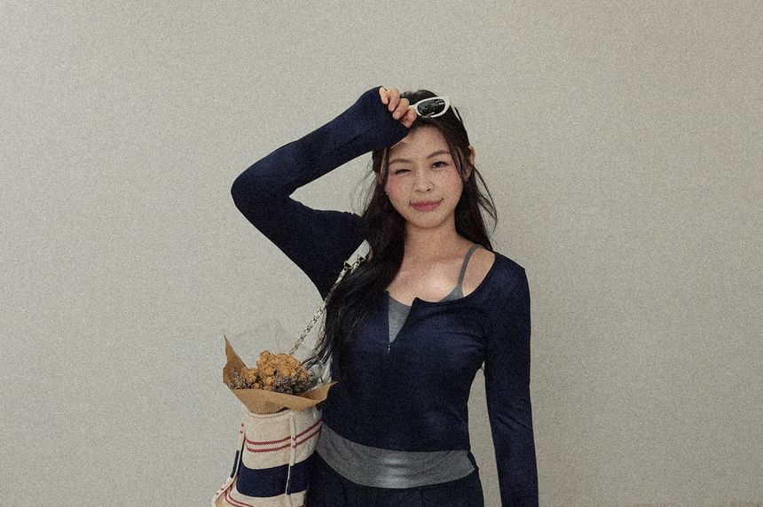 Plus Size Long-Sleeve Mock Two Piece Tee / High Rise Plain Wide Leg Pants