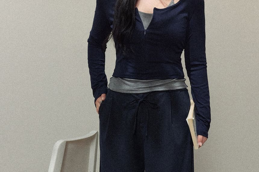 Plus Size Long-Sleeve Mock Two Piece Tee / High Rise Plain Wide Leg Pants