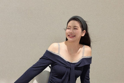 Plus Size Long-Sleeve Off Shoulder Plain Top / High Waist Mini Plain Skirt