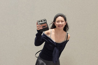 Plus Size Long-Sleeve Off Shoulder Plain Top / High Waist Mini Plain Skirt