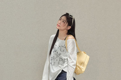 Plus Size Long-Sleeve V-Neck Cat Print T-Shirt / High Waist Mini Skirt