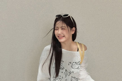 Plus Size Long-Sleeve V-Neck Cat Print T-Shirt / High Waist Mini Skirt