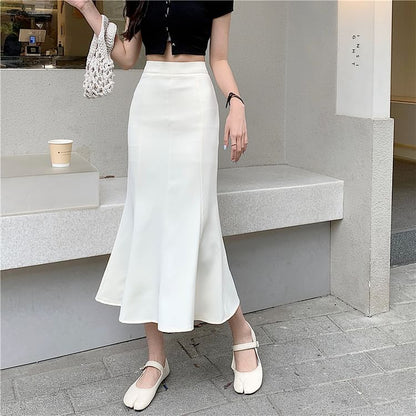 High Waist Solid Midi A-Line Skirt