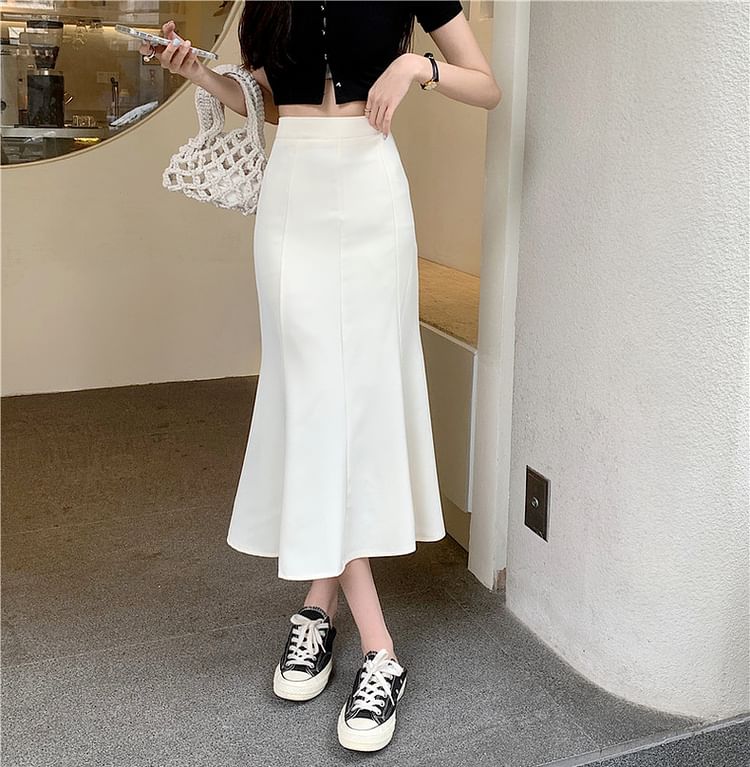 High Waist Solid Midi A-Line Skirt